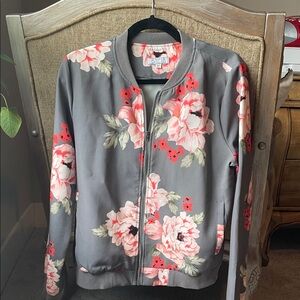 Darling Gray Bomber Jacket with Pink Floral Design
